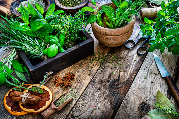 istock Fresh organic herbs for cooking shot on rustic kitchen table. Copy space 1212239384