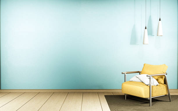 istock Living room with yellow sofa and decor on mint wall background, 3D rendering 1212239517