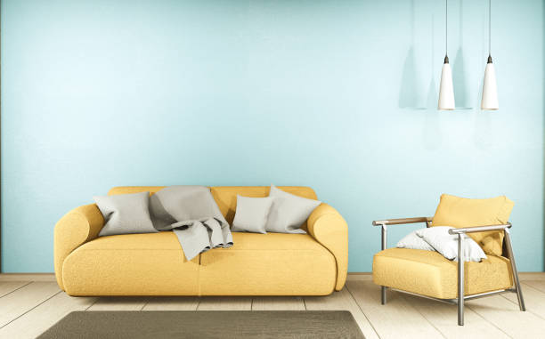 istock Living room with yellow sofa and decor on mint wall background, 3D rendering 1212239664