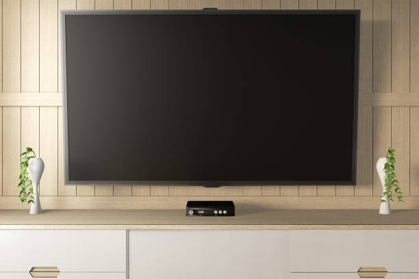 istock Smart Tv Mockup with blank black screen hanging on the cabinet decor. 3d rendering 1212241161
