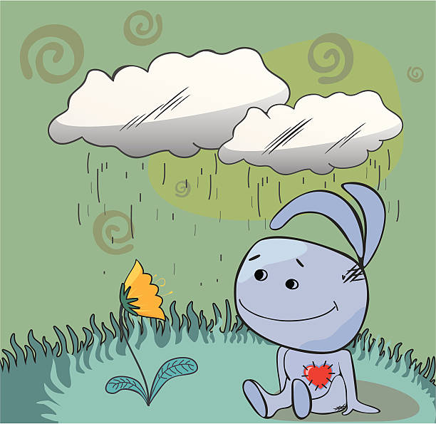 Bunny under the rain vector art illustration