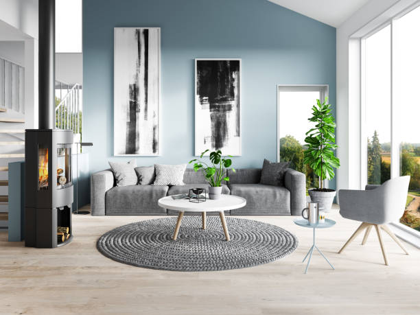 salon moderne - blue grey photos et images de collection