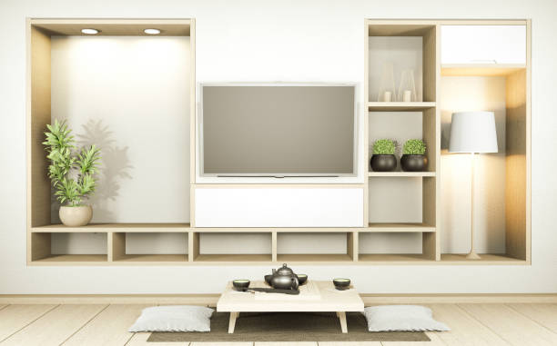 istock Cabinet TV in white empty interior room Japanese-style, 3d rendering 1212241847