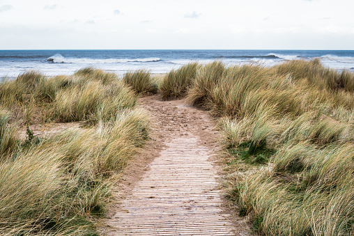 Sunset at the beach of Texel with sand dunes in the foreground during a beautiful fall day at the Wadden island.