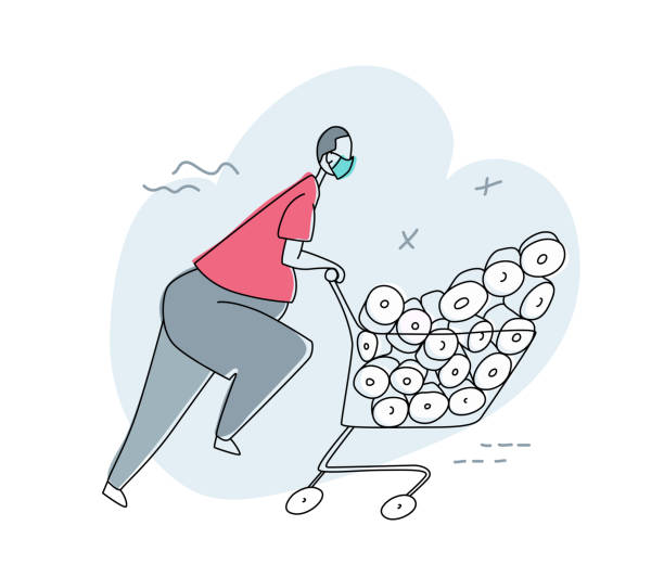 ilustrações de stock, clip art, desenhos animados e ícones de a man in a panic buys all the toilet paper rolls, runs with a cart in a supermarket. a person wears protective mask. - shopping mask