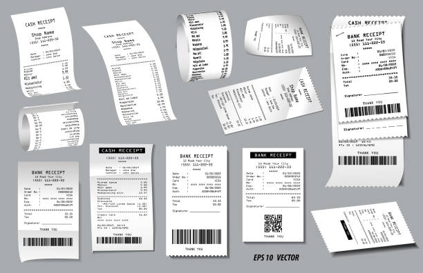 ilustrações de stock, clip art, desenhos animados e ícones de set of register sale receipt or cash receipt printed on white paper concept. eps 10 vector - pos supermarket