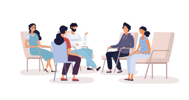 Group therapy for addiction treatment concept Group therapy for addiction treatment concept with various people sitting in armchairs and talking in psychologist office, isolated on white background psychotherapy illustrations stock illustrations