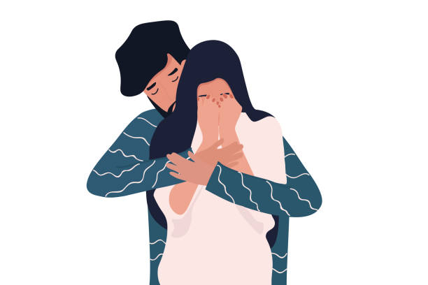 Young man calms his crying girlfriend Young man calms his crying girlfriend, embracing her from her back. Helping her to cope with her sadness and depression. Simple flat image isolated on white background wife stock illustrations