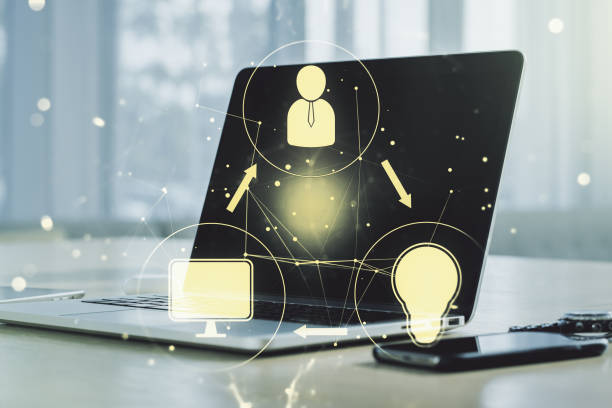 istock Social network concept with modern laptop on background. Multiexposure 1212246366