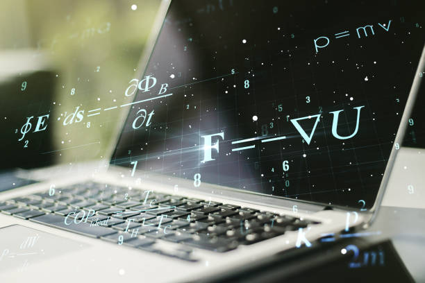 istock Creative scientific formula concept on modern laptop background. Multiexposure 1212246440