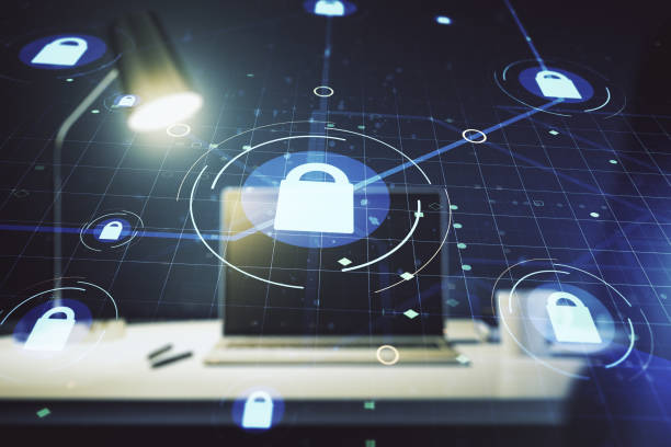 istock Creative idea concept with lock symbol and microcircuit illustration on modern laptop background. Protection and firewall concept. Multiexposure 1212246516