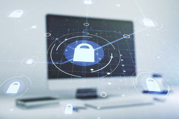 Creative idea concept with lock symbol and microcircuit illustration on modern laptop background. Protection and firewall concept. Multiexposure