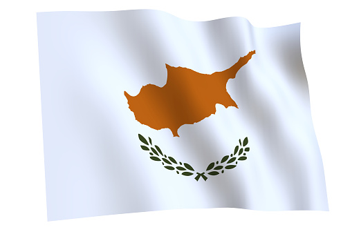 Cyprus flag, 3d render. Flag of Cyprus waving in the wind, isolated on white background.