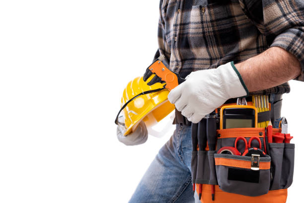 istock Electrician with tool belt on a white background. Electricity. 1212253947