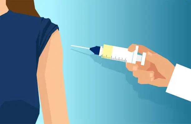 Vector illustration of Vector of a doctor with syringe injecting vaccine to a patient shoulder.