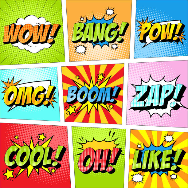 Kumpulan ikon komik berwarna-warni dalam gaya seni pop. Wow, Bang, Pow, Omg, Boom, Zap, Keren, Oh, Seperti.