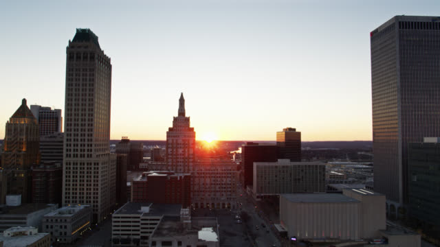 Historic Office Buildings in Downtown Tulsa at Sunset - Aerial