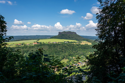 The rock formation Lilienstein seen from fortress Koenigstein in the Saxon Switzerland on a sunny day