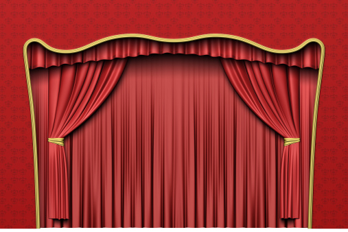 Red curtains with satin gloss and wood floor. Raspberry drapes in the theatre, cinema or exhibition. 3d rendering illustration