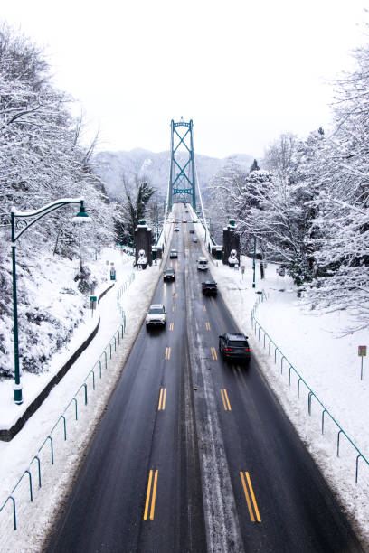 バンクーバーの雪に覆われたライオンズゲートブリッジの眺め。 - district of north vancouver ストックフォトと画像