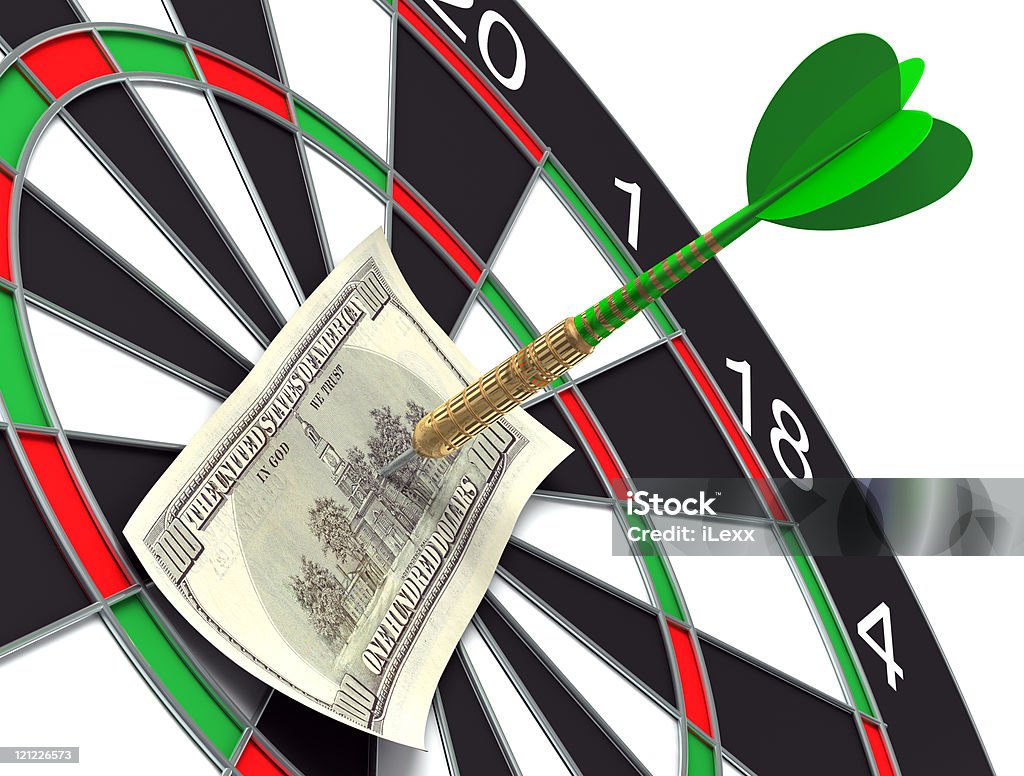 Darts target and 100 dollars in bull's-eye  Bull's-Eye Stock Photo