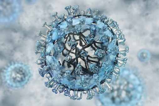 Realistic model of A/H1N1 virus on the basis of photos from electronic microscope.