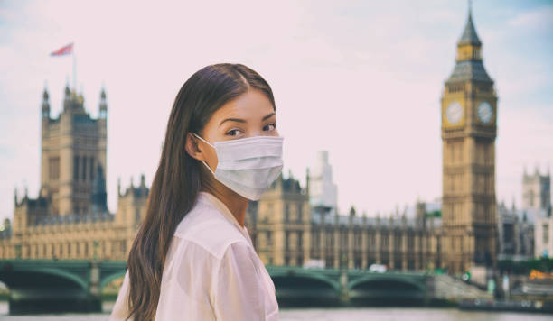 コロナウイルス旅行コロナウイルスは、英国ロンドンの都市観光休暇休暇に保護フェイスマスクを着用したアジアの女性観光客を広く防止します。有名な英国のランドマークの背景パノラマ - houses of parliament london london england famous place panoramic ストックフォトと画像