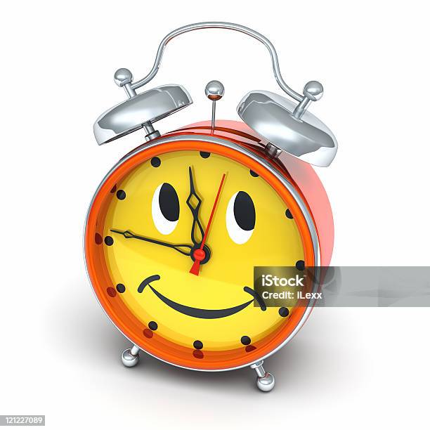 Alarm Clock Looks To The Right And Upwards Stock Photo - Download Image Now - Alarm Clock, Beat The Clock, Bell