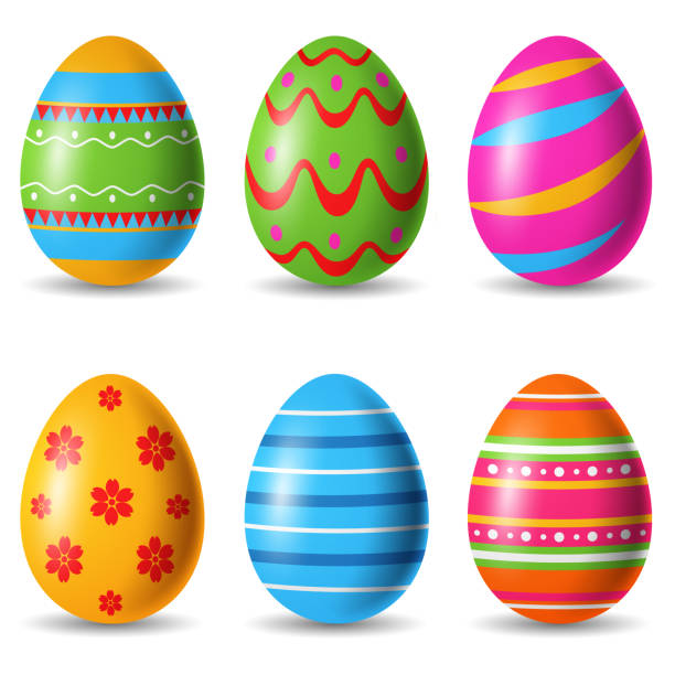 ilustraciones, imágenes clip art, dibujos animados e iconos de stock de conjunto de huevos de pascua decorativos - in a row multi colored bright yellow