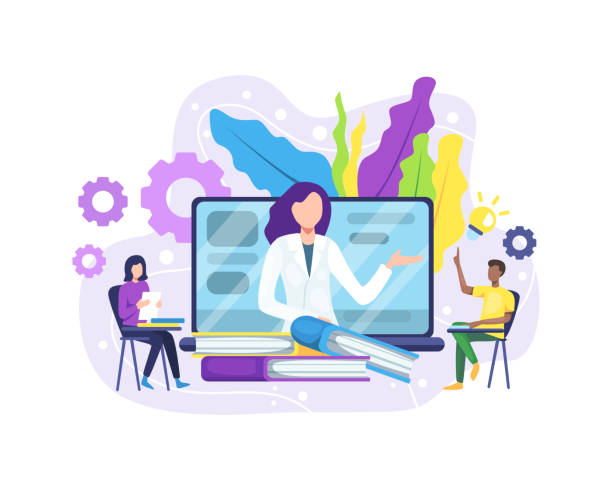 Online education concept Vector illustration Online education or e-Learning concept. Online education concept banner with characters. Online training courses, specialization, university studies. Vector in flat style science class stock illustrations