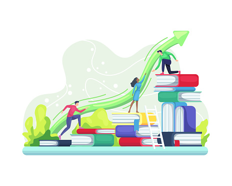 People climbing books. Level of education concept, Business success, Skill and staff development concept. Student walking education stairs, Metaphor success studding. Vector illustration in flat style