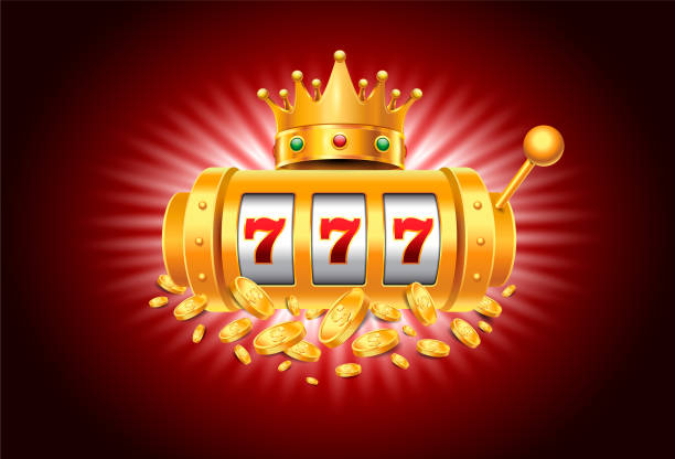 Casino Slot Machine with Royalty Crown and Falling Coins on the red Background. Vector Illustration Casino Slot Machine with Royalty Crown and Falling Coins on the red Background coin operated stock illustrations