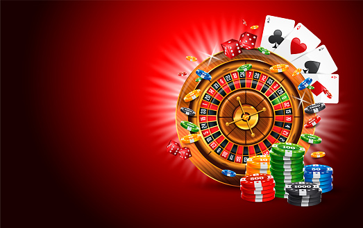 Casino Jackpot background with Playing Cards, Gambling Chips and Falling Red Dices