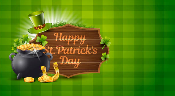 St. Patrick Day Green Background. Vector Illustration with Pot of Gold, Coins and Money Sign vector art illustration