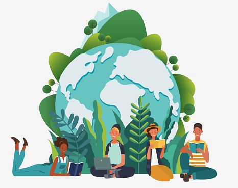 Young people reading books. Summer landscape and Earth globe background. Holidays time. Back to school, Study, Learning, Knowledge and Education vector concept