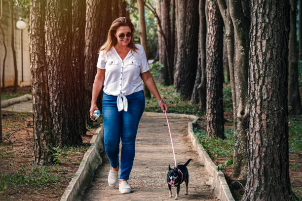 istock Woman walking with the little dog 1212289440