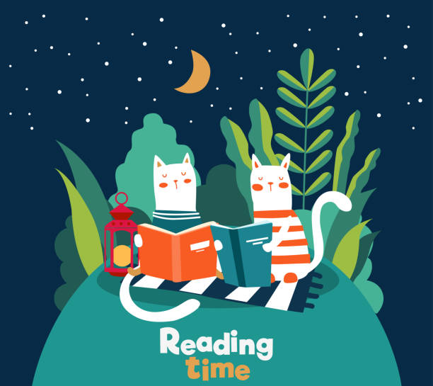 Funny cats reading books in the garden. Funny animal relaxing in park. Summer landscape background Funny cats reading books in the garden. Funny animal relaxing in park. Summer landscape background bedtime illustrations stock illustrations