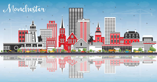 曼徹斯特新罕布什爾州城市天際線與灰色建築，藍天和反射。 - manchester 幅插畫檔、美工圖案、卡通及圖標
