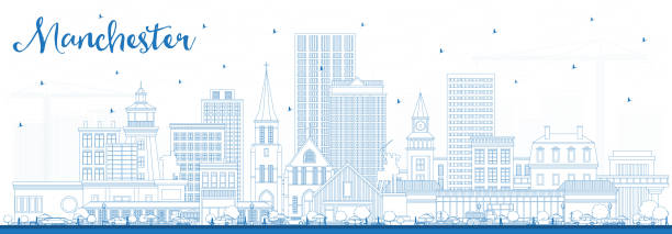 zarys manchester new hampshire city skyline z blue buildings. - manchester city stock illustrations