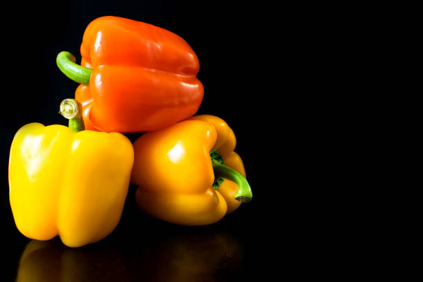 Fresh vegetables Three sweet orange, yellow, green peppers on a black background.Copy space.