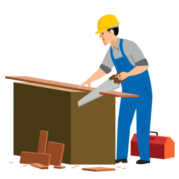 Vector illustration of Cutting a plank of wood