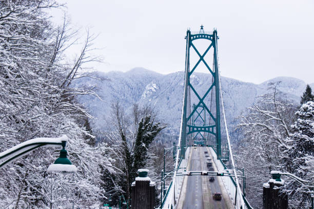 A View of Lions Gate Bridge covered in snow. Snow storm and extreme weather in Vancouver.