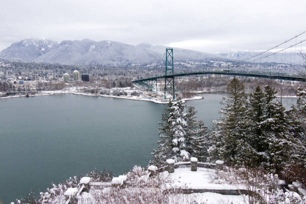 A View of Lions Gate Bridge and West Vancouver from Prospect Point Lookout A View of Lions Gate Bridge and West Vancouver covered in snow with mountains in the background. Snow storm and extreme weather in Vancouver. west vancouver stock pictures, royalty-free photos & images