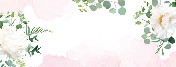 illustrations, cliparts, dessins animés et icônes de bannière de mariage délicate rétro avec la texture rose d’aquarelle et des fleurs. pivoine blanche, eucalyptus, verdure. cadre de conception de vecteur floral. carte laïquée plate, modèle de blog. les éléments sont isolés et modifiables - sauges