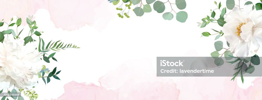 Retro Delicate Wedding Banner With Pink Watercolor Texture And Flowers  White Peony Eucalyptus Greenery Floral Vector Design Frame Flat Lay Card  Blog Template Elements Are Isolated And Editable Stock Illustration -  Download