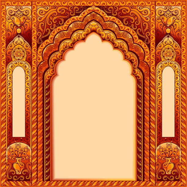 Arch with Oriental patterns. Colors orange and gold. Arch with Oriental patterns. Colors orange and gold. The Central block of text. oriental culture stock illustrations