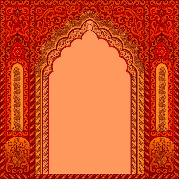 Arch with Oriental patterns. The colors are fiery red. Arch with Oriental patterns. The colors are fiery red. The Central block of text. india jaipur rajasthan traditional culture stock illustrations