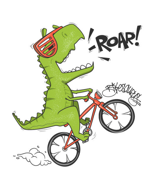 Dinosaur on bicycle. vector shirt print design Dinosaur on bicycle. vector shirt print design. bicycle designs stock illustrations