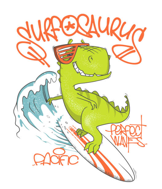 Dinosaur surfer ride the wave, on surfboard. Vector illustration. Dinosaur surfer ride the wave, on surfboard. Vector illustration cool graffiti characters stock illustrations