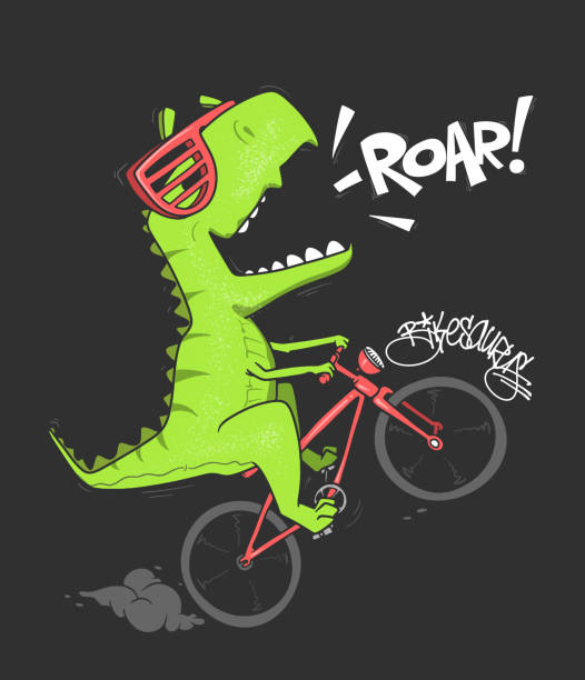 Dinosaur on bicycle. vector shirt print design Dinosaur on bicycle. vector shirt print design. cool graffiti characters stock illustrations